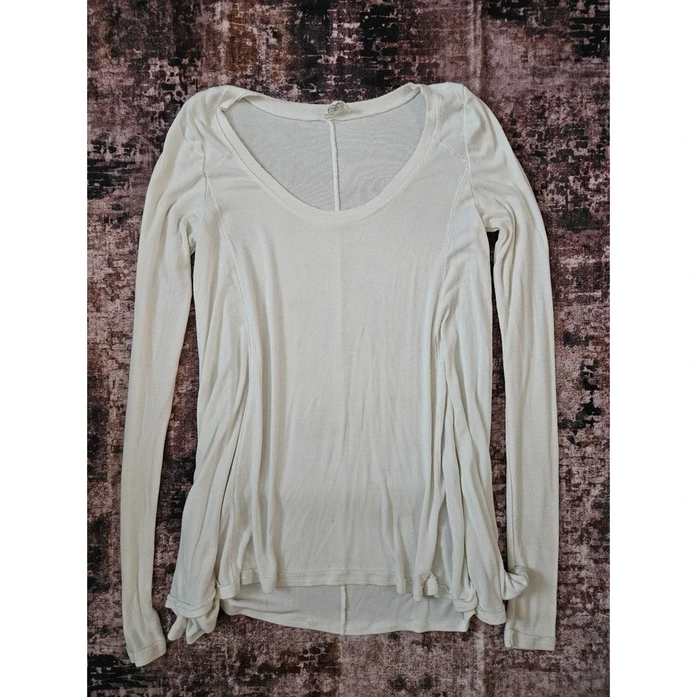 Free People Ribbed Thermal Scoop Neck Long Sleeve Top White XS